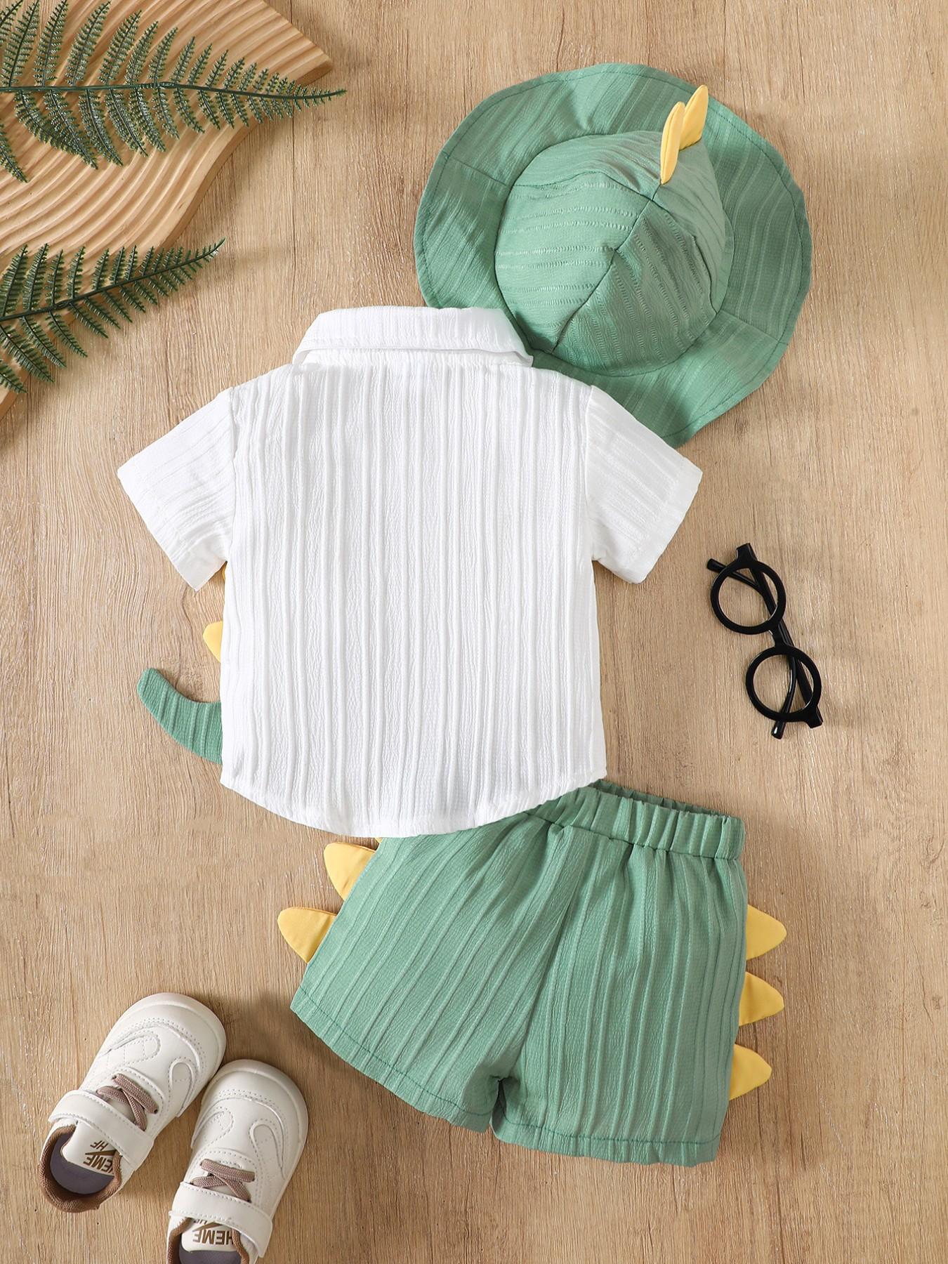 Baby Boys Three-Piece Set Dinosaur Short Sleeve Shirt + Shorts + Sun Hat, Cute Summer, Soft Breathable Fabric