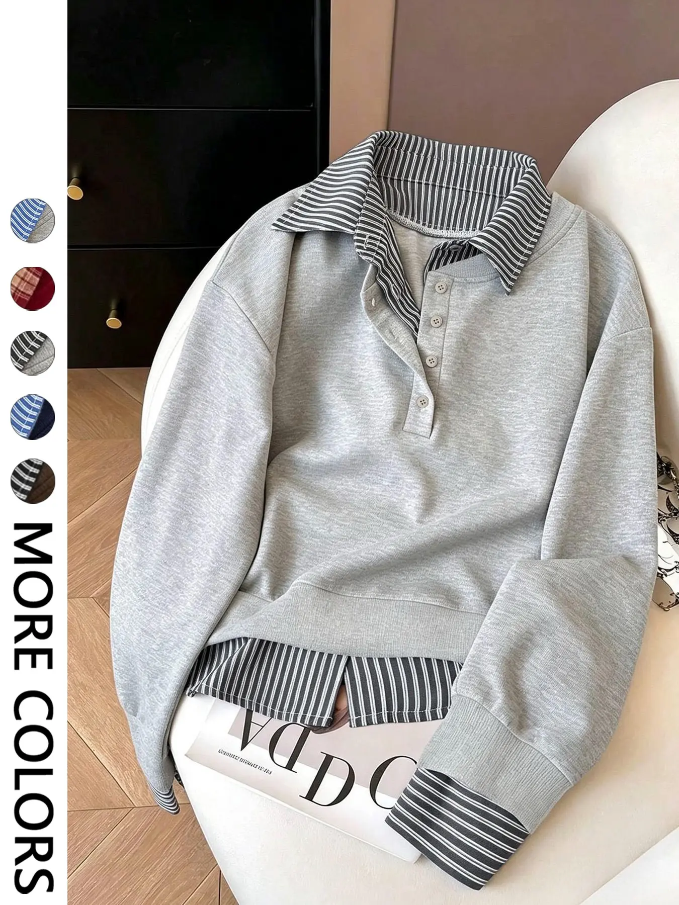 【Black Friday】Women's 2-in-1 Layered Look Pullover Sweatshirt, Casual Fashion Sweatshirt, Striped Shirt Collar, Cuffs and Hem, Button Placket, Long Sleeves, Drop Shoulder, Relaxed Casual Top for Everyday Wear, Work, Travel and Weekend Outfits