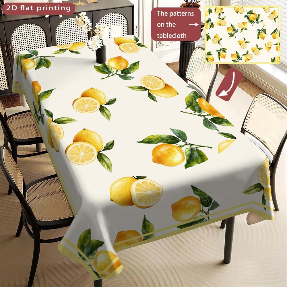 Lemon Fruit Print Tablecloth, Polyester Washable, Kitchen Dining Outdoor Picnic Garden Party Decorative Cloth