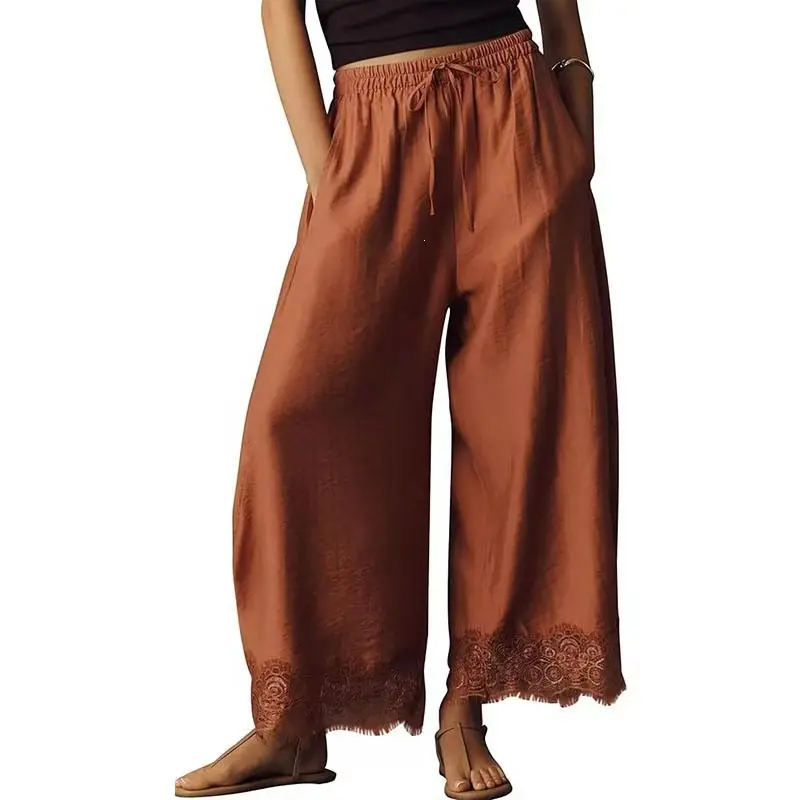 Women's Modest Islamic Baggy Palazzo Pants - Summer Loose Wide-Leg Long Trousers with Pockets, Elastic Waist, Lace Patchwork, Asymmetrical Hem for Casual Daily Wear