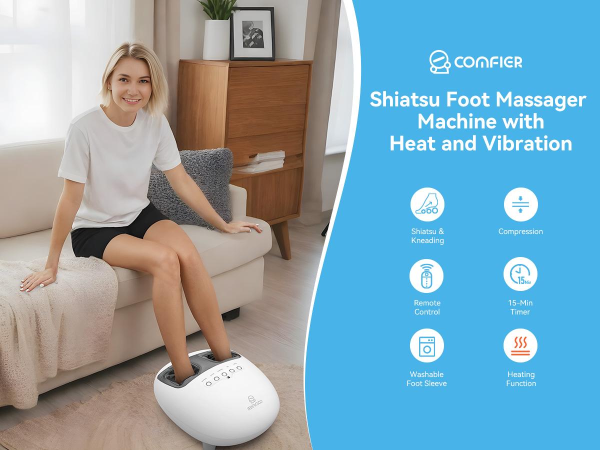 COMFIER Shiatsu Foot Massager with Heat, Kneading and Vibration Massage Electric Heated Foot Massager, Feet Massager for Mom Dad Elder-Home Office Use Gift Adjustable White
