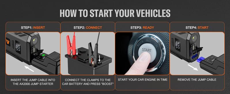 AsperX 2000A Portable Car Jump Starter, 12V Battery Jump Box with 1.4 INCH LCD Display, LED Flashlight Automotive Jumper Cable