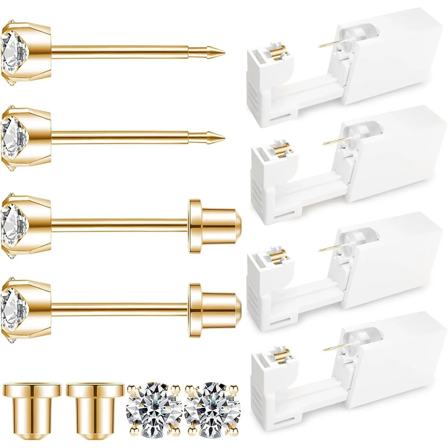 At-Home Disposable Ear Piercing Gun Kit with 4mm 316L Surgical Stainless Steel 4-Prong Cubic Zirconia Stud Earrings, 4 PackGift