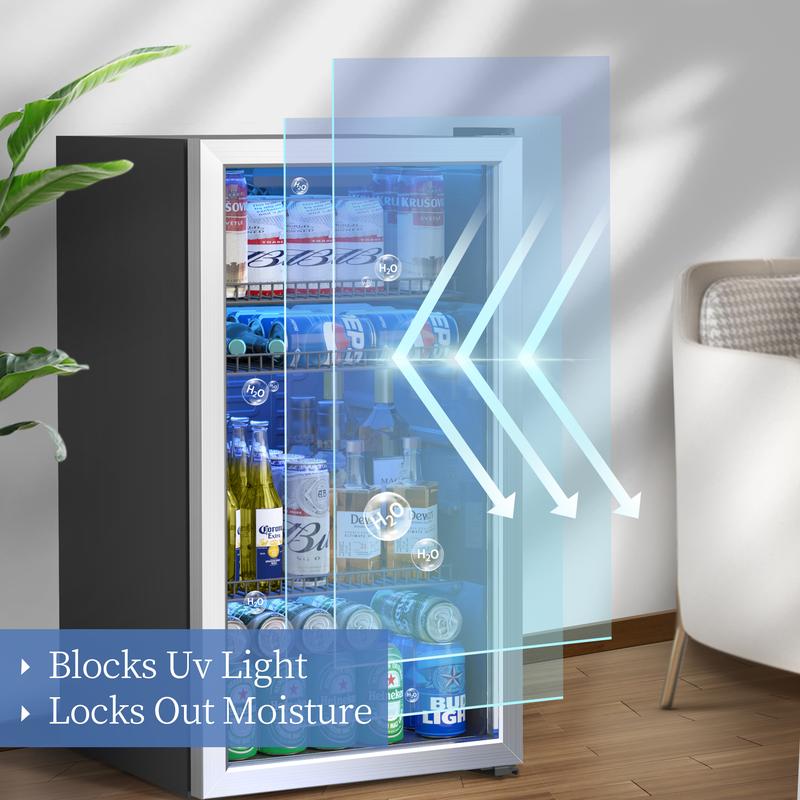 MANASTIN Beverage Refrigerator and Cooler, Mini Fridge with Glass Door for Soda Beer or Wine, Freestanding Small Drink Dispenser, Digital Temperature Control, Home, Bar, Office