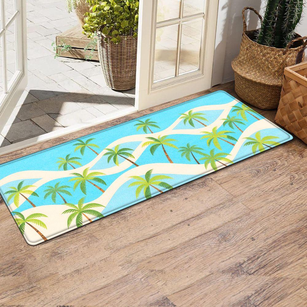 1PC， Spring Coconut Tree Beach Scene Patterned strip rugs, home décor, bathroom mats, entryway mats, bathroom non-slip mats, indoor entrance rugs, bedroom bedside mats, kitchen mats, hallway rugs, flannel sponge rugs, hallway runner rugs