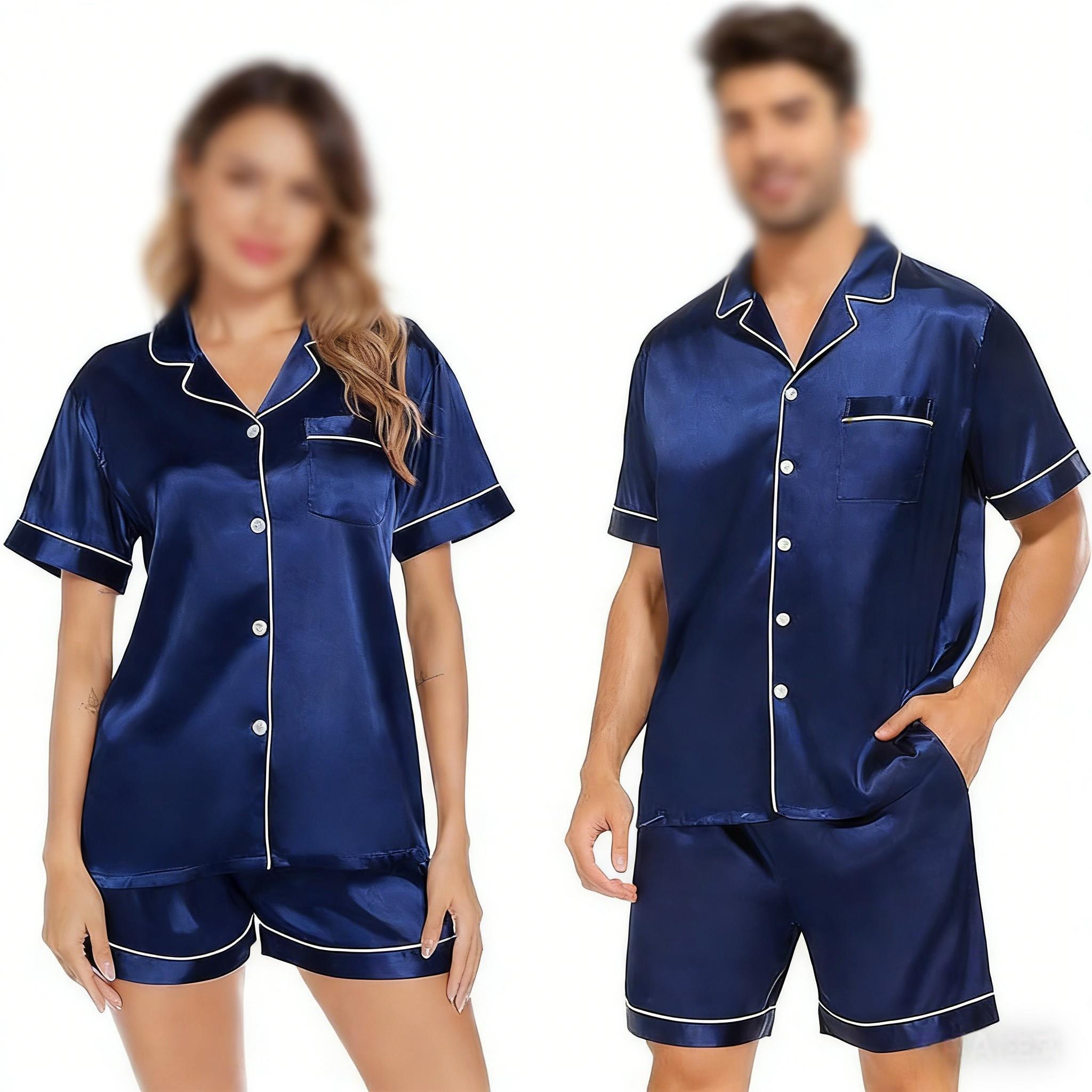 Women's & Men's Matching Satin Pajama Set, Short Sleeve Lounge Wear, Comfortable Couple Nightwear for Valentine's Day, Anniversary, Homewear