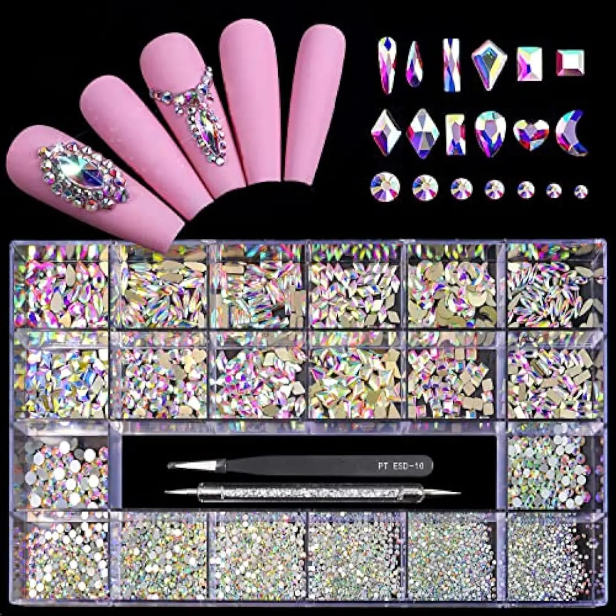 Bling AB Crystal Flat Rhinestones Kit, 600 Crystal AB Diamonds (12 Types) + 2500 Mixed Flatback Gems (20 Styles), DIY Nail Art & 3D Ornament Supplies, Includes Tweezers and Drill Pen