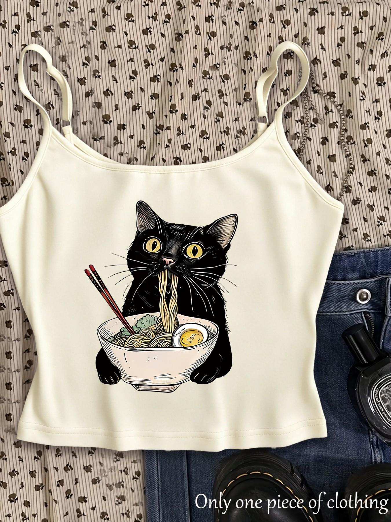 Y2K Gothic Style Cat Print Crop Top, Adjustable Straps, Slim Fit, Sleeveless, Streetwear, Summer New Arrival, Daily Wear, Office