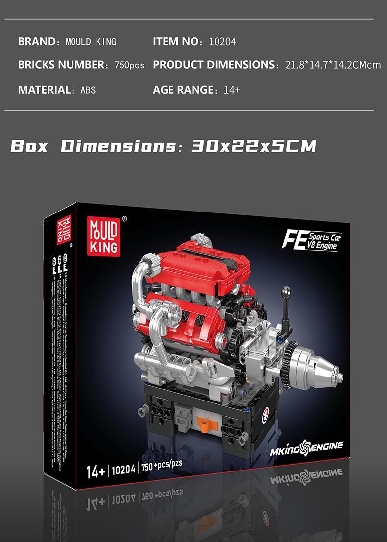 Mould King 10204 V8 Engine Car Motor Model Building Block Engineering STEM DIY Set Gift Adult Kid Toy 750 Pcs