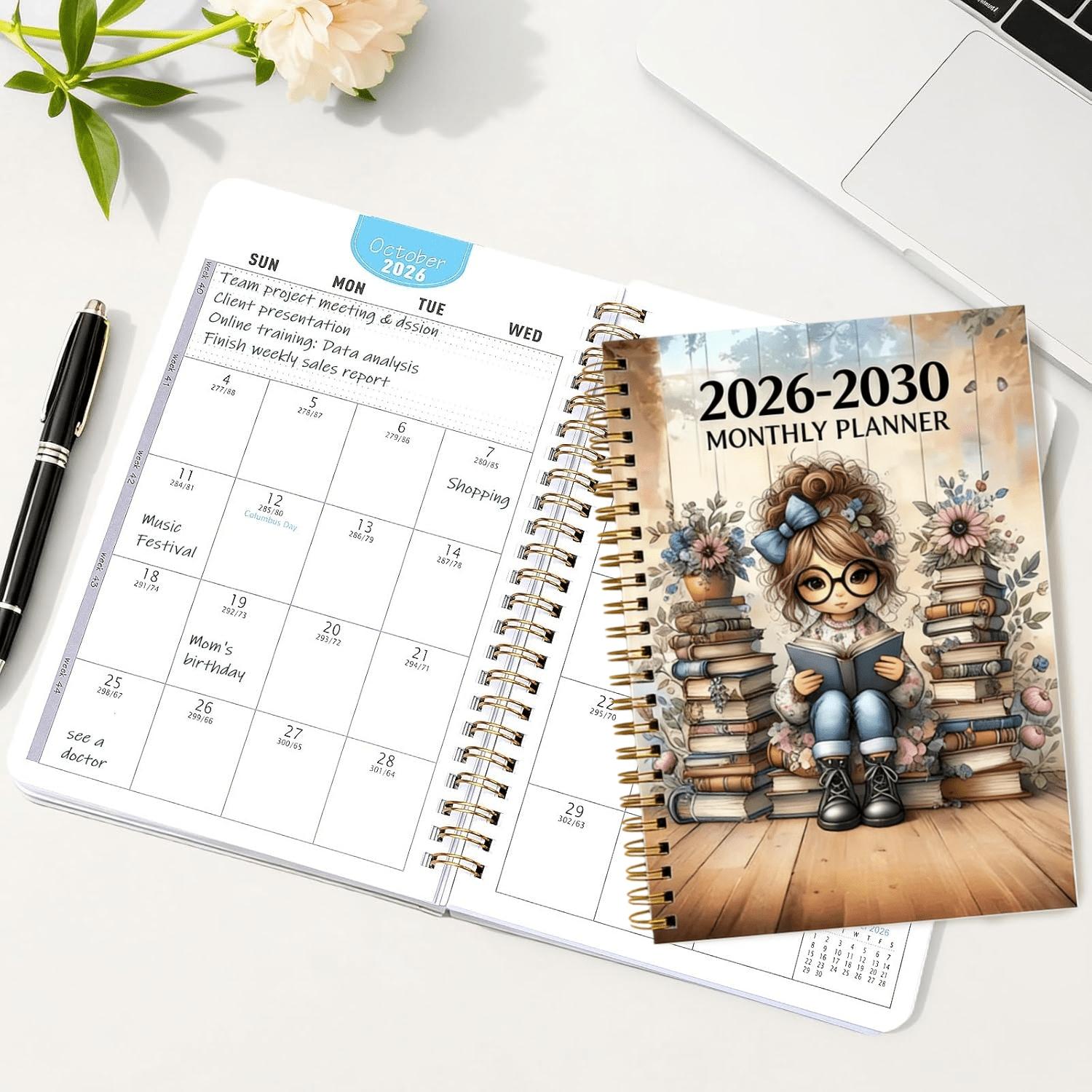 2026-2030 Monthly Planner/Calendar - January 2026 to December 2030, 5-Year Monthly Planner, Reading Enthusiast Women's Themed Cover Design Notebook, Yearly Calendar Planning, Monthly Tabs, 60-Month Calendar, 5.5 x 8.3 inches, 71 Sheets/142 Pages Thick Pap