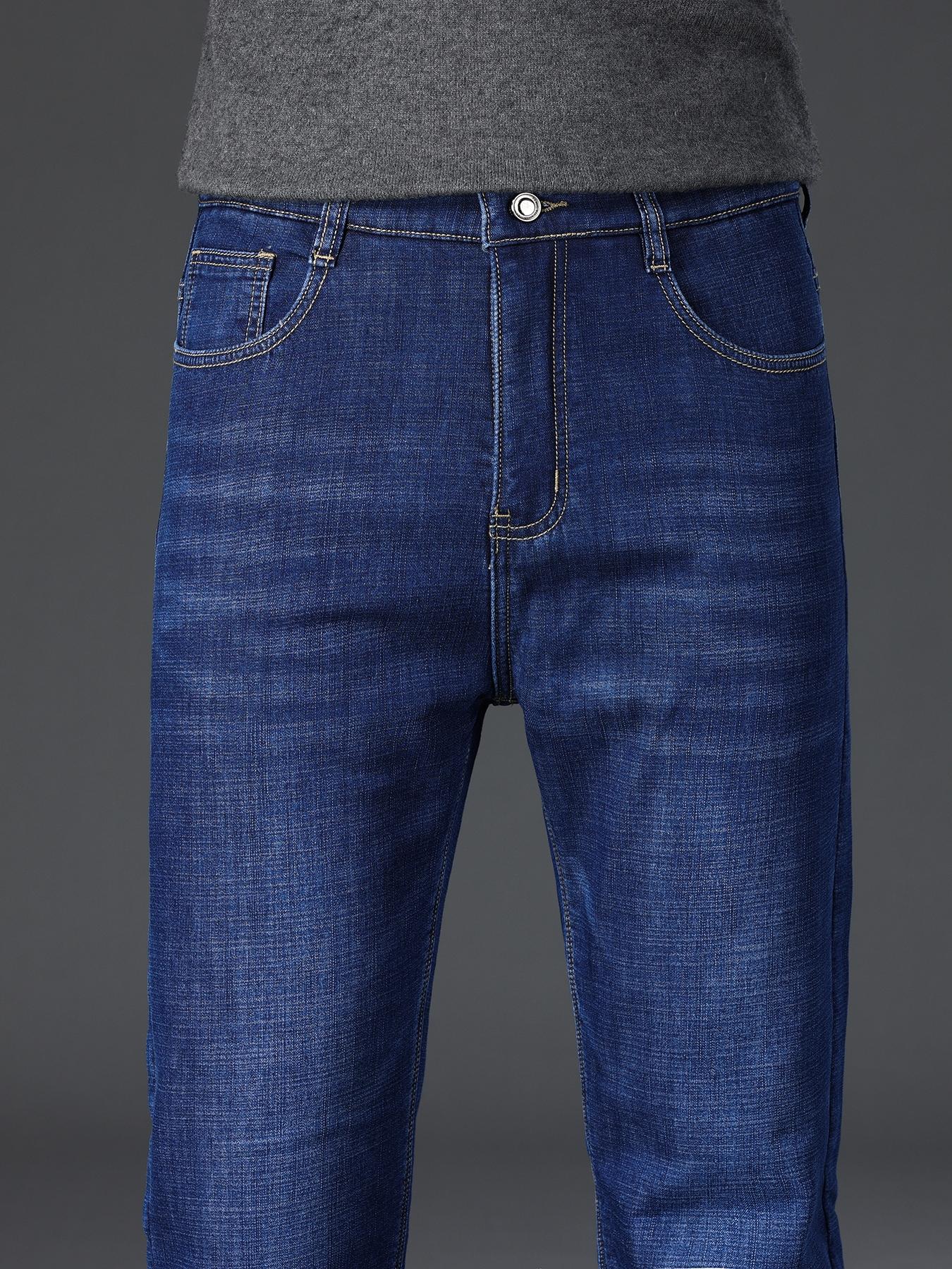 Men's Thickened Winter Fleece Jeans, Hi Rise Jeans, Loose Straight Leg High Waist Casual Elastic Pants, Warm Long Denim Trousers for Fall & Winter