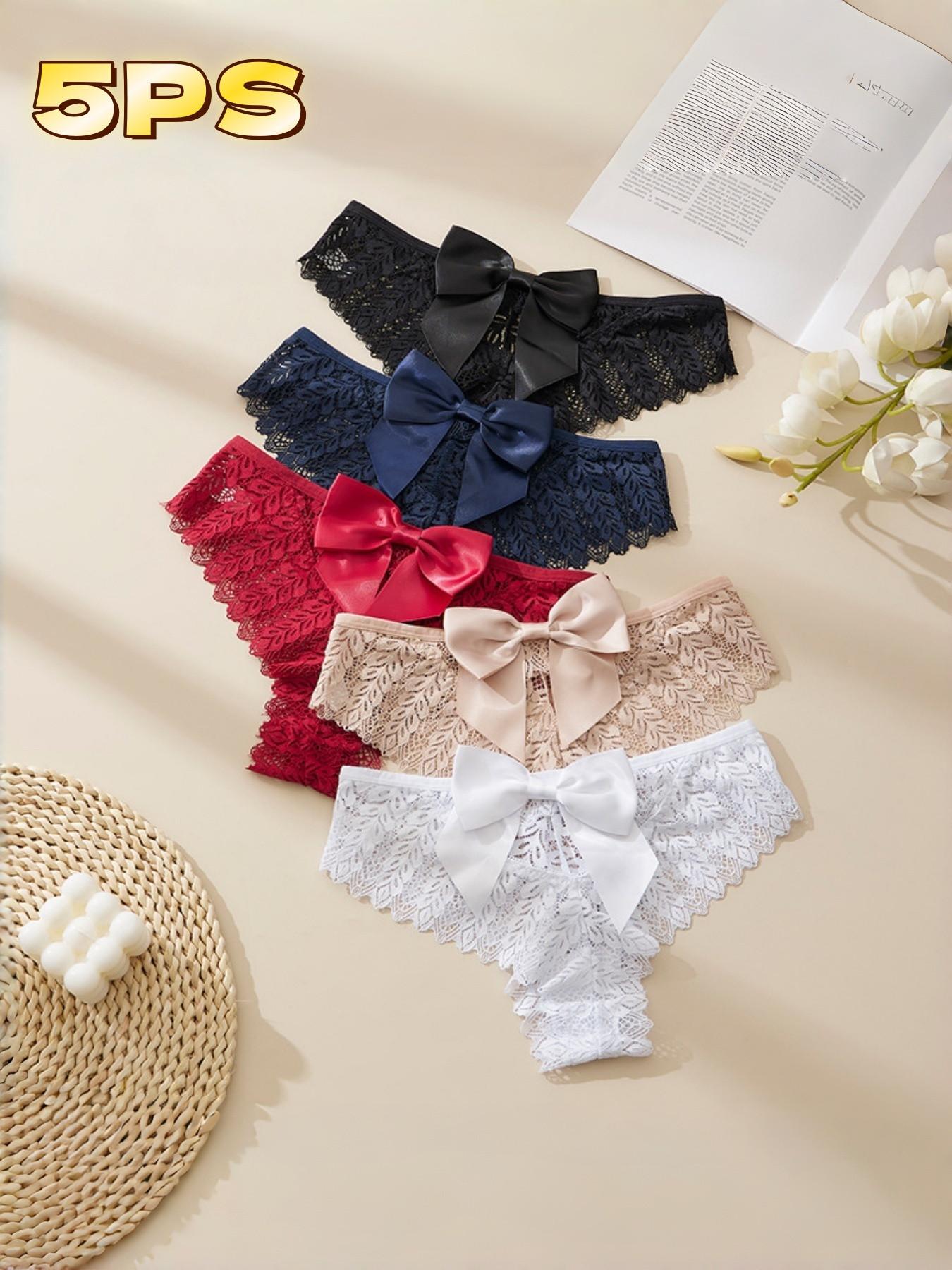 5-Pack Women's Underwear, Sexy Bow Design, Peach Butt Soft Lace Breathable Mesh, Comfortable Mid-Waist Triangle Panties, Valentine's Day Gift