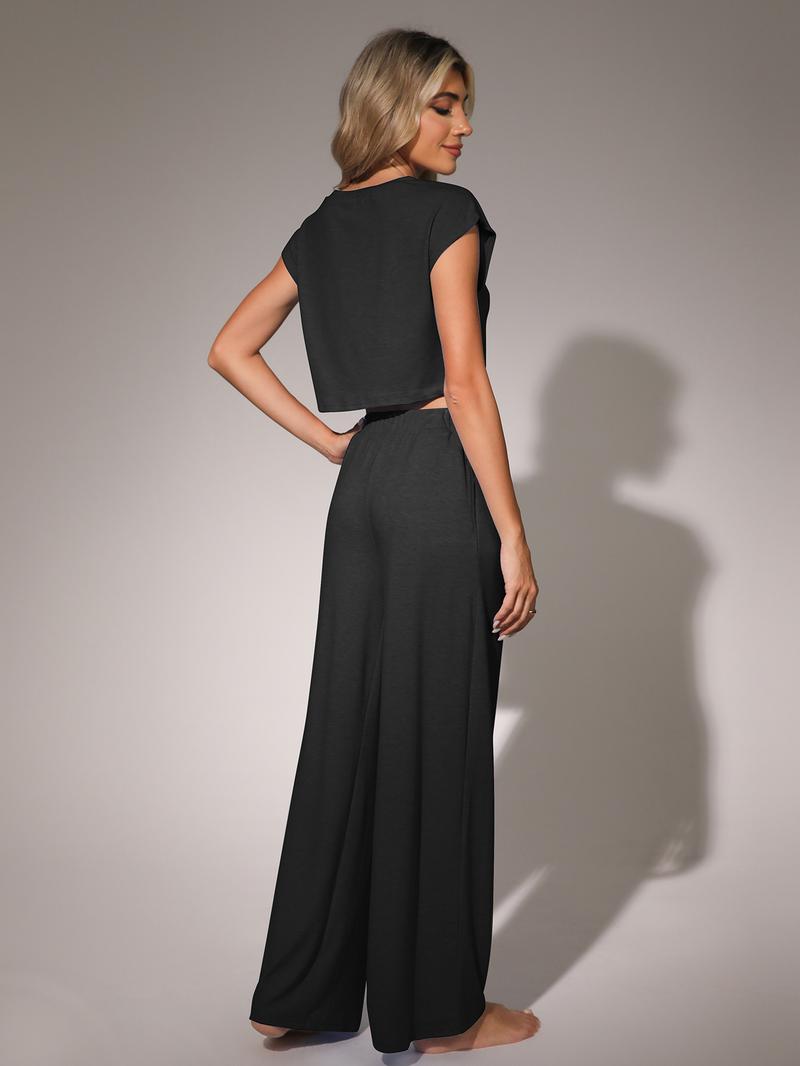 Women's Casual Elegant Solid-Color Suit Set, Short Top & High-Waisted Pants with Pockets, Comfortable Sporty Two-Piece