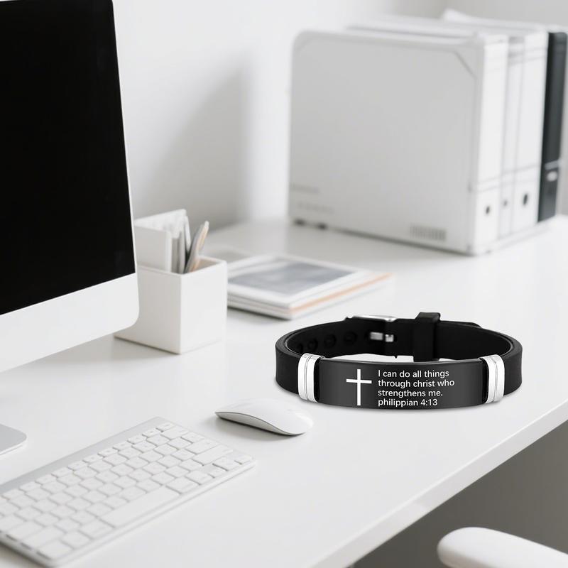 Inspirational Quote Bible Verse Cross Bracelets Faith Christian Silicone ID Wristband Religious Gifts for Men Women Stainless Steel Rubber Adjustable Bracelet