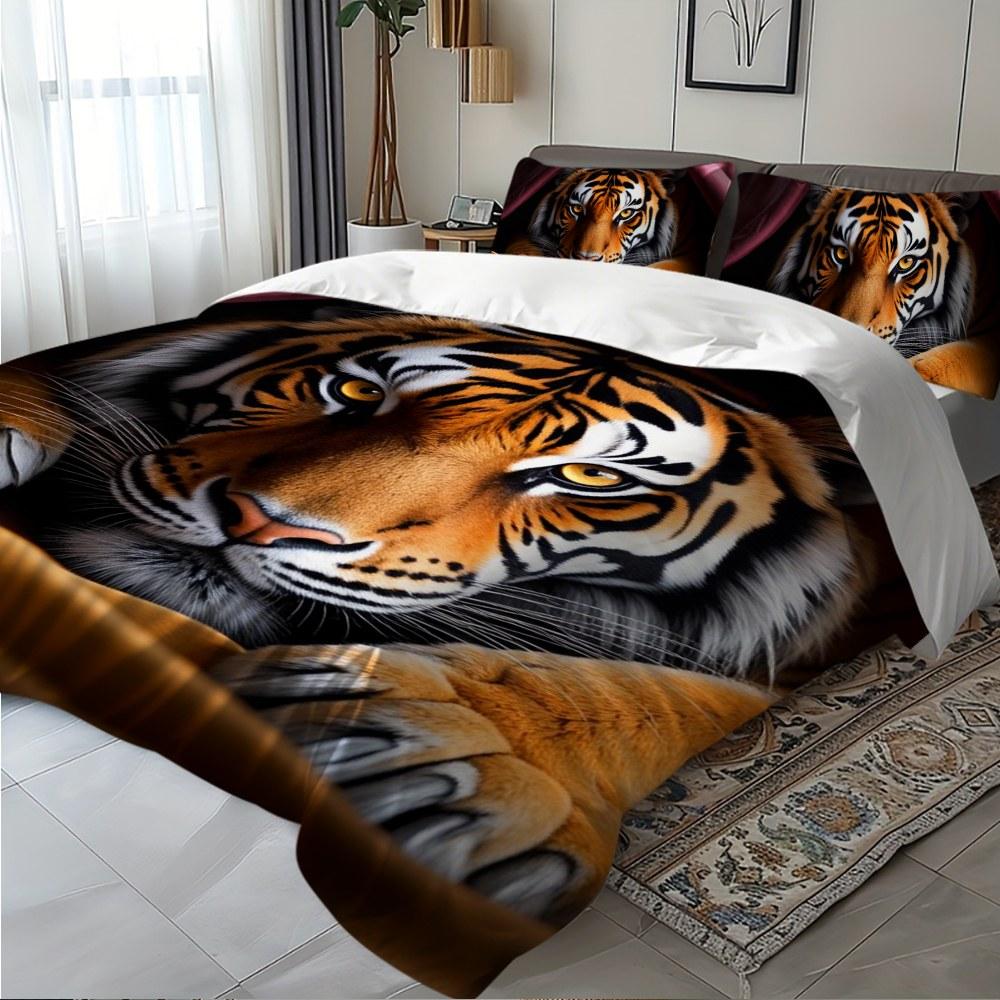 Bedding 3-piece set - 3PCS,orange and purple patterned tiger lying down comforter set (1 comforter cover + 2 pillowcases, filling not included). soft and comfortable, suitable for family bedrooms.