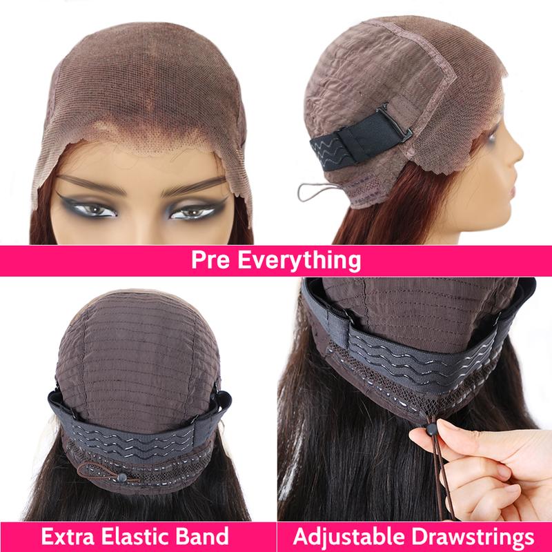 【Upgrade】Yawawe Hair Drawstring Wear Go Glueless Wigs 13x6 HD Lace Frontal Wigs Human Hair Pre Plucked Straight Wigs Human Hair for Women Natural Black with free Sideburns Stickers