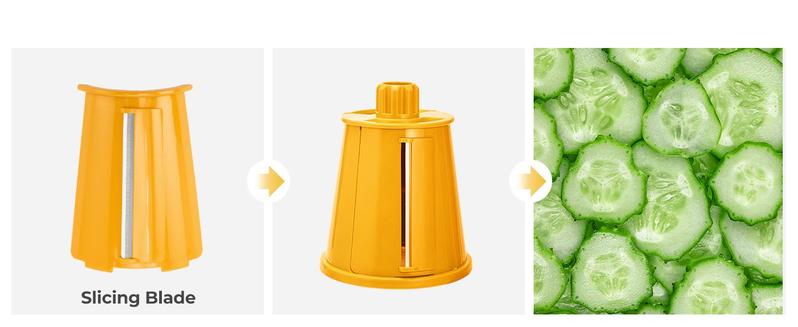 SUSTEAS Yellow Rotary Vegetable Slicer – 5 BPA-Free Stainless Steel Blades, Easy-Grip Handle & Dishwasher Safe for Effortless Prep Ergonomic Grater with Suction Base
