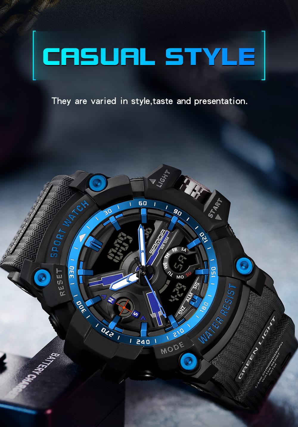 SANDA 3179 for Male Clock shock New Sports Men's Military Watch Waterproof Wristwatch, Men's Sportive Analog-digital Quartz Watch, Water resistant watch with Luminous & Alarm & Calendar Function, with Box