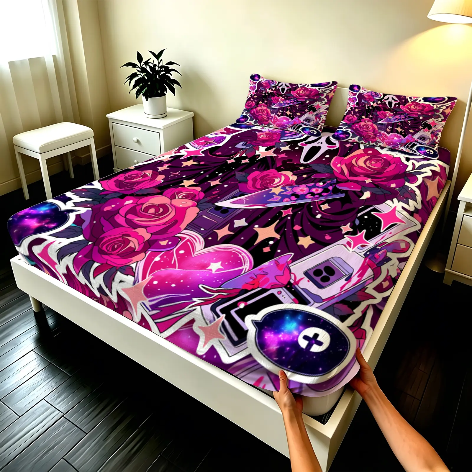 3pcs Fitted sheet Y2K Purple Rose Gaming Galaxy Print Soft Microfiber Bedding Set, Breathable Wrinkle Resistant Fade Proof Durable Fitted Sheet Set Fits Twin Full Queen King Size for Bedroom Dorm Home Bed Sheet Sets