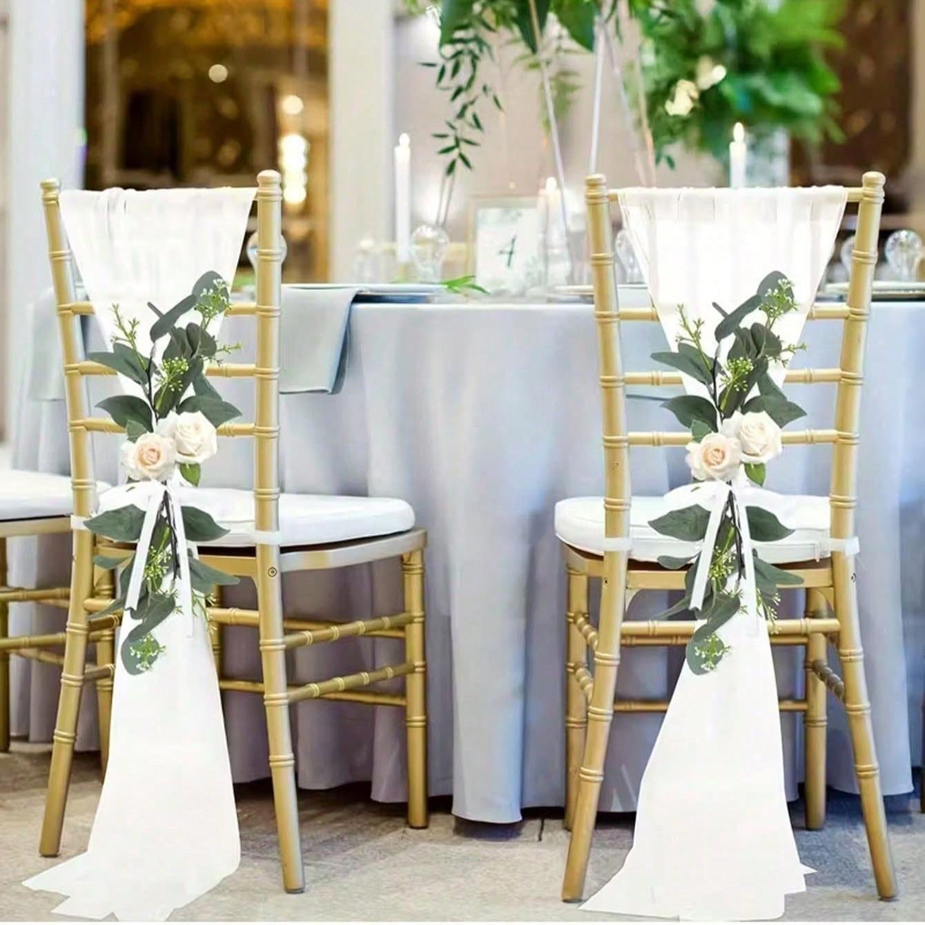Wedding Chair Ribbon Set with Realistic Flower Decorations, Includes Chiffon Ribbons and Eucalyptus Leaves, Perfect for Church Pews and Bridal Walkway