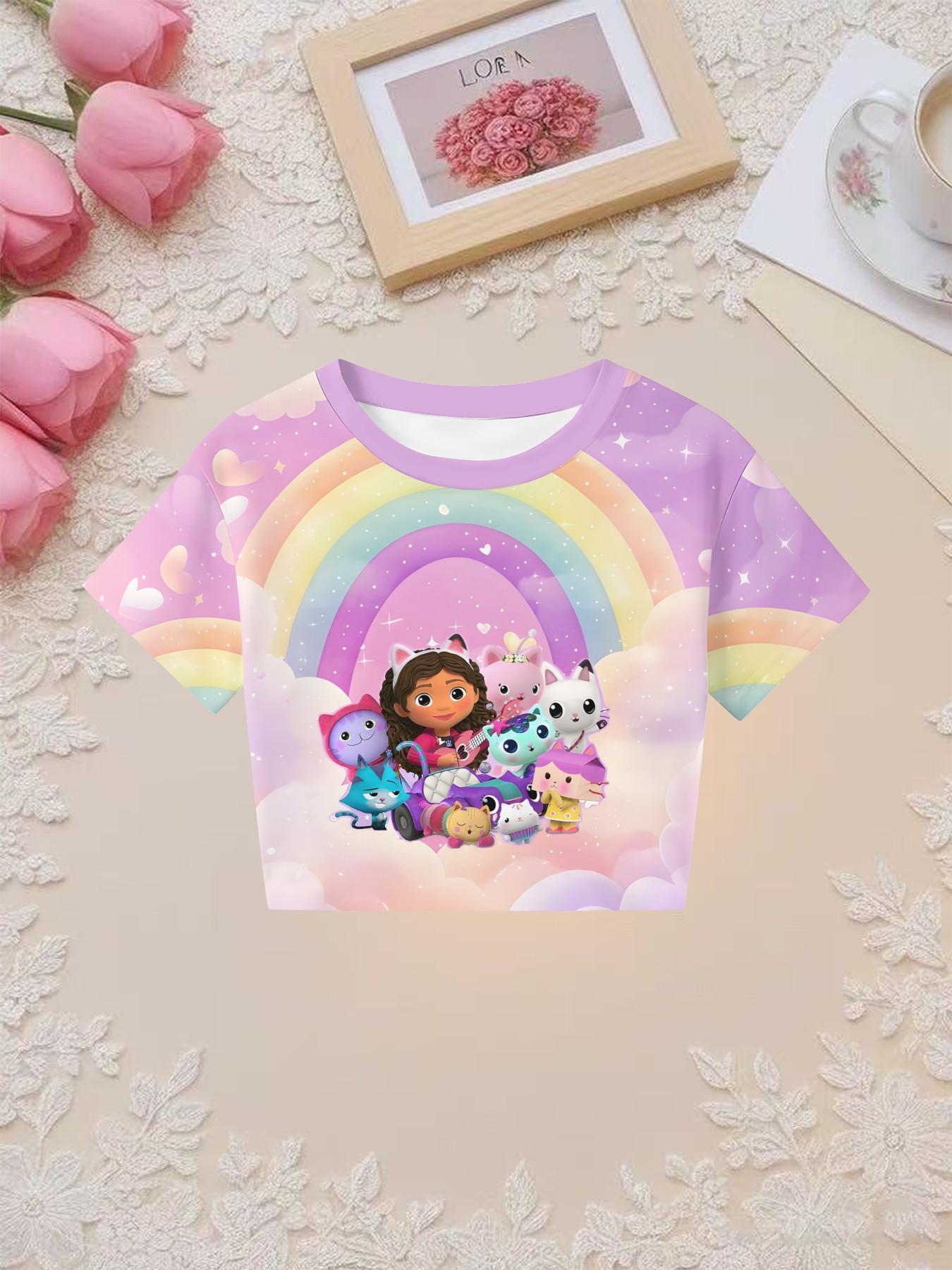 Girls' 3D Short Sleeve Set, Gabi Dollhouse Rainbow Cloud Print, Outdoor Wear, Perfect for Holidays, Birthday Gifts, Casual Style