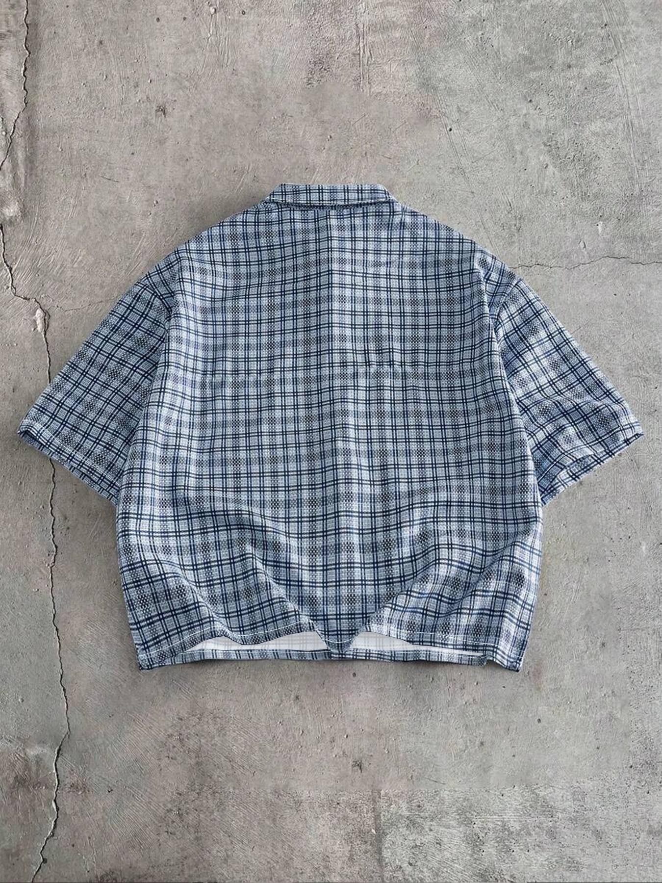 Blue Plaid Short Sleeve Shirt, Slogan Letter Print, Loose-Fit Y2K Street Style, Summer Casual for Daily Wear