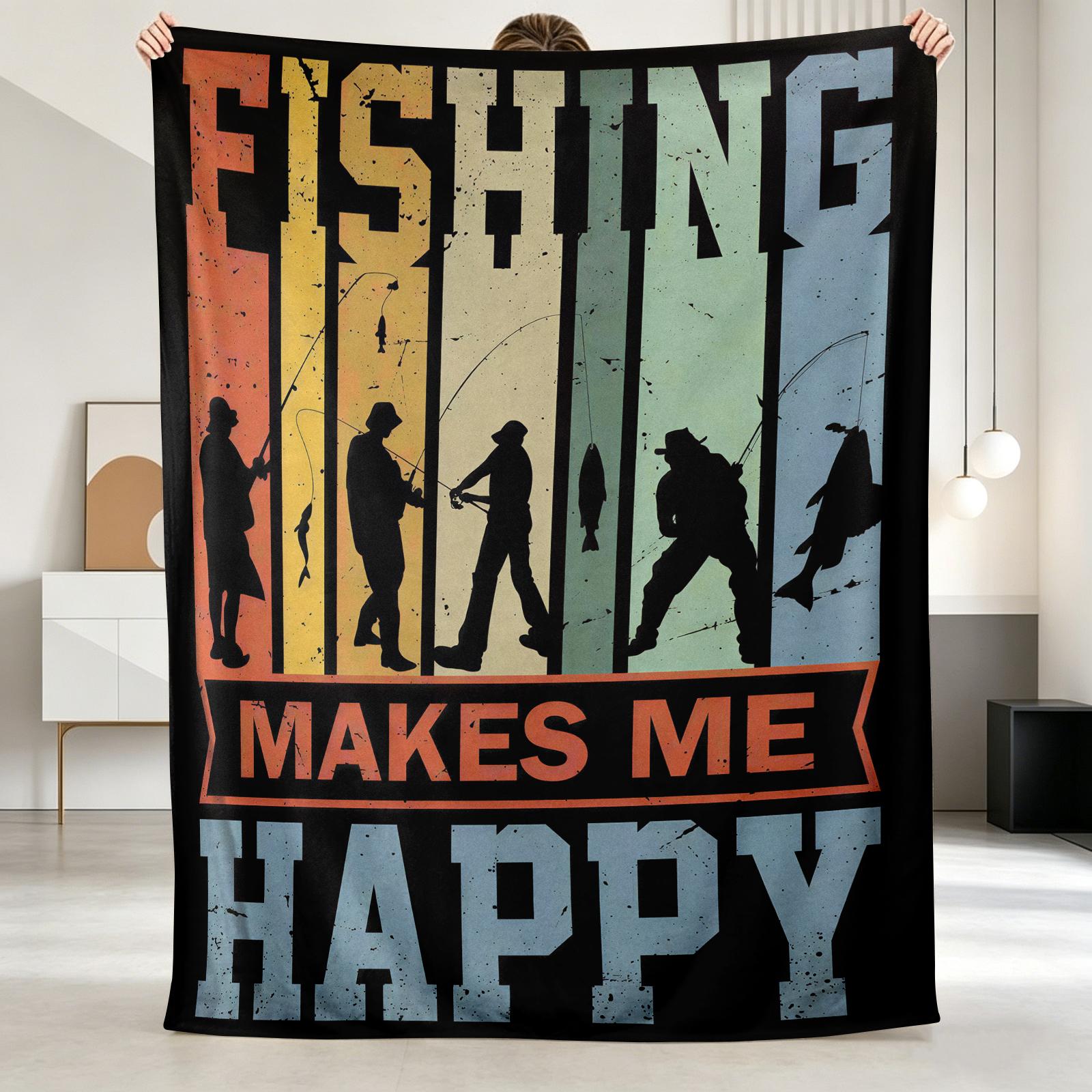 Flannel Fishing Enthusiast Blanket – FISHING MAKES ME HAPPY Design, Oversized Soft Throw for Outdoor Travel & Camping, Tear-Resistant, All-Season Comfort, Perfect Gift for Fishermen