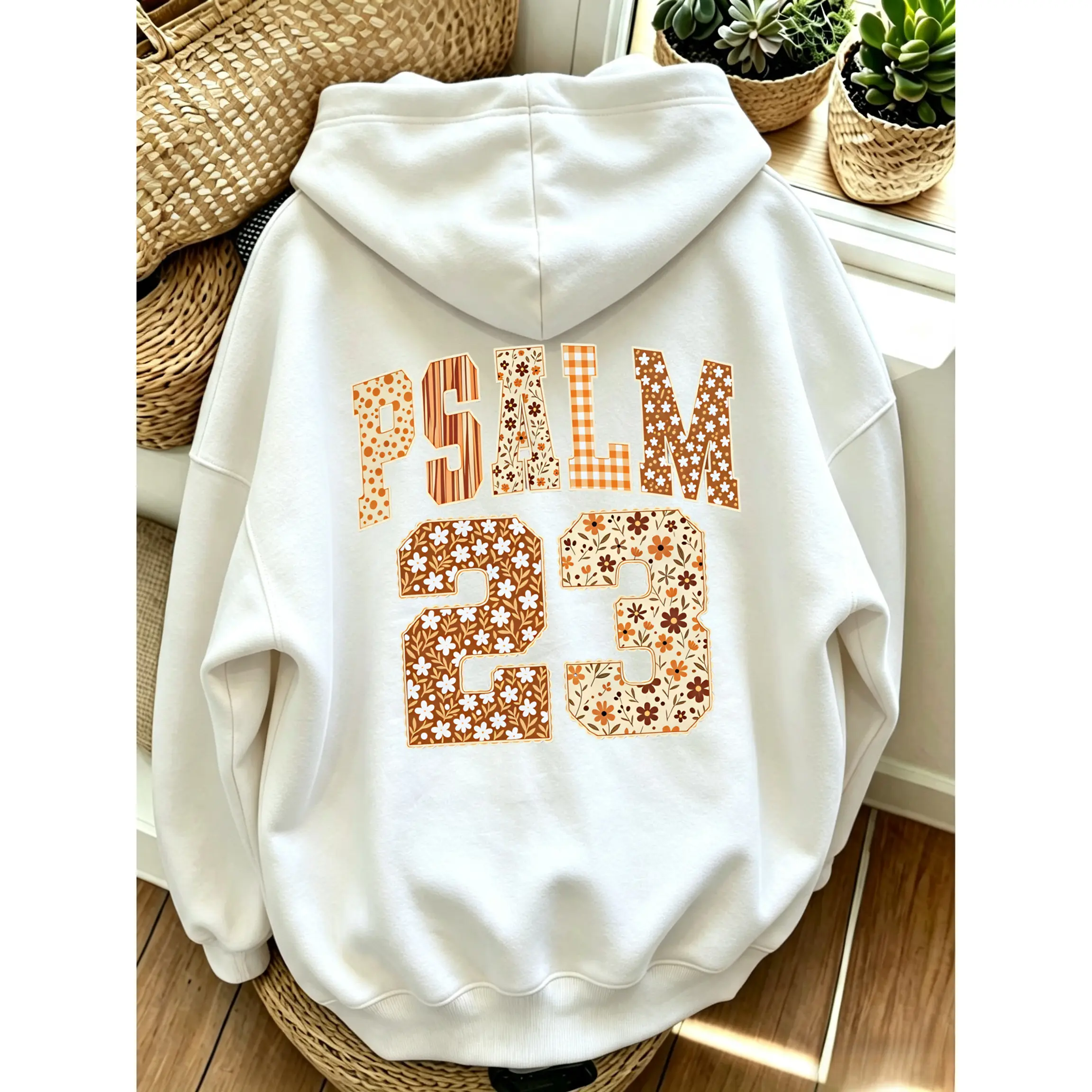 Retro Fall Floral Christian Front And Back Double Print Psalm 23 Floral Patchwork Letter Hooded Sweatshirt Healing Spiritual Atmosphere Daily Layering Top Casual Fall