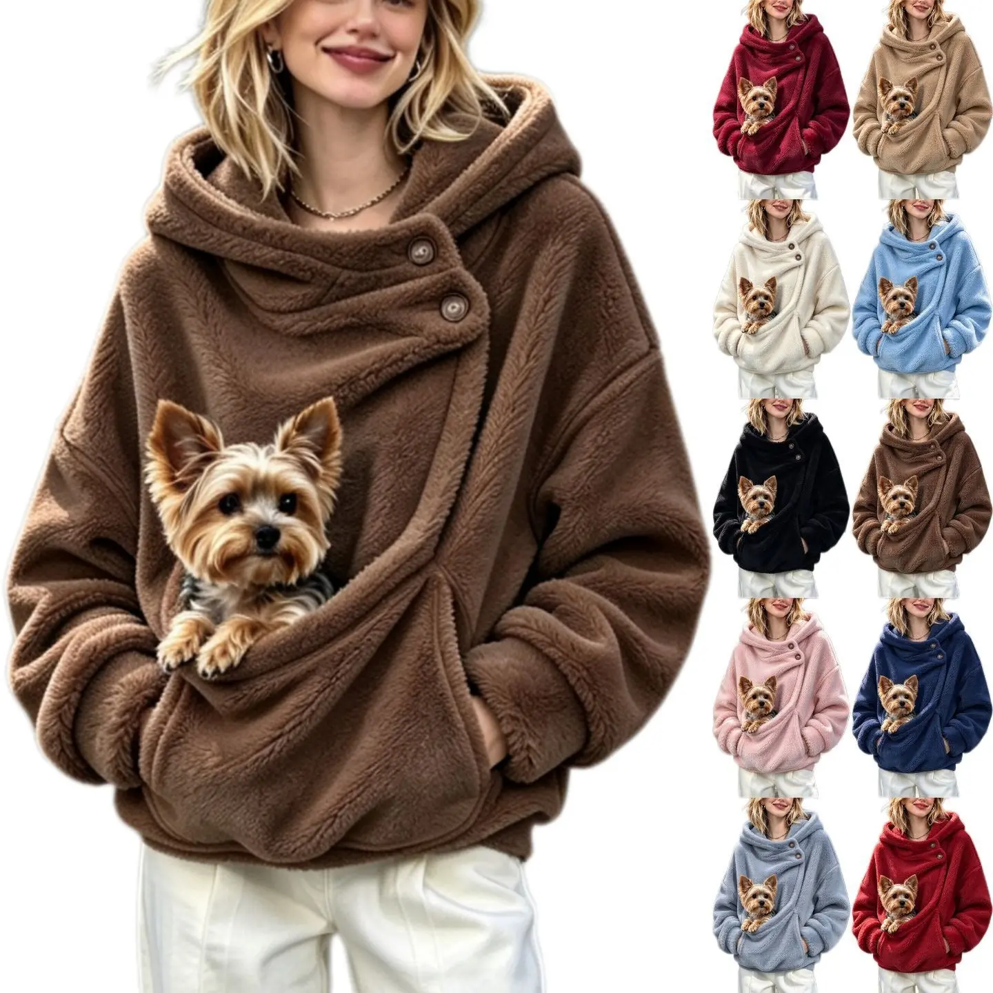 Fuzzy Hoodie With Pet Pocket For Women, Fall Winter Warm Plush Oversized Pullover Hooded Sweatshirt, Button Decor Loose Cozy Casual Outwear, Cute Pet Carrier Hoodie