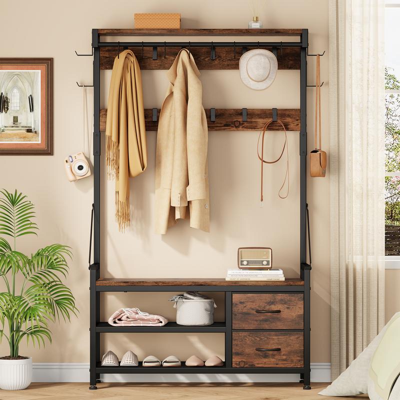 Aowos Hall Tree with Bench and Shoe Storage, 31”/39” Freestanding Entryway Storage Cabinet, 5-in-1 Coat Rack and Shoe Bench with Wall Organizer, 17 Hooks, Drawers and Shelves, Space-Saving Hall Tree for Entryway, Hallway, Foyer