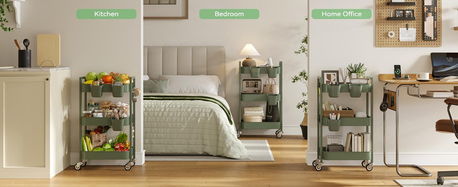 3 Tier Rolling Cart,Utility Cart with Locking Wheels, Hanging Cups,&Hooks, Heavy Duty Metal Storage Organizer Cart for Kitchen,Office, Bathroom,Craft Room,Green 3 Tier Rolling Cart,Utility Cart with Locking Wheels, Hanging Cups,&Hooks, Heavy Duty Metal Storage Organizer Cart for Kitchen,Office, Bathroom,Craft Room,Green