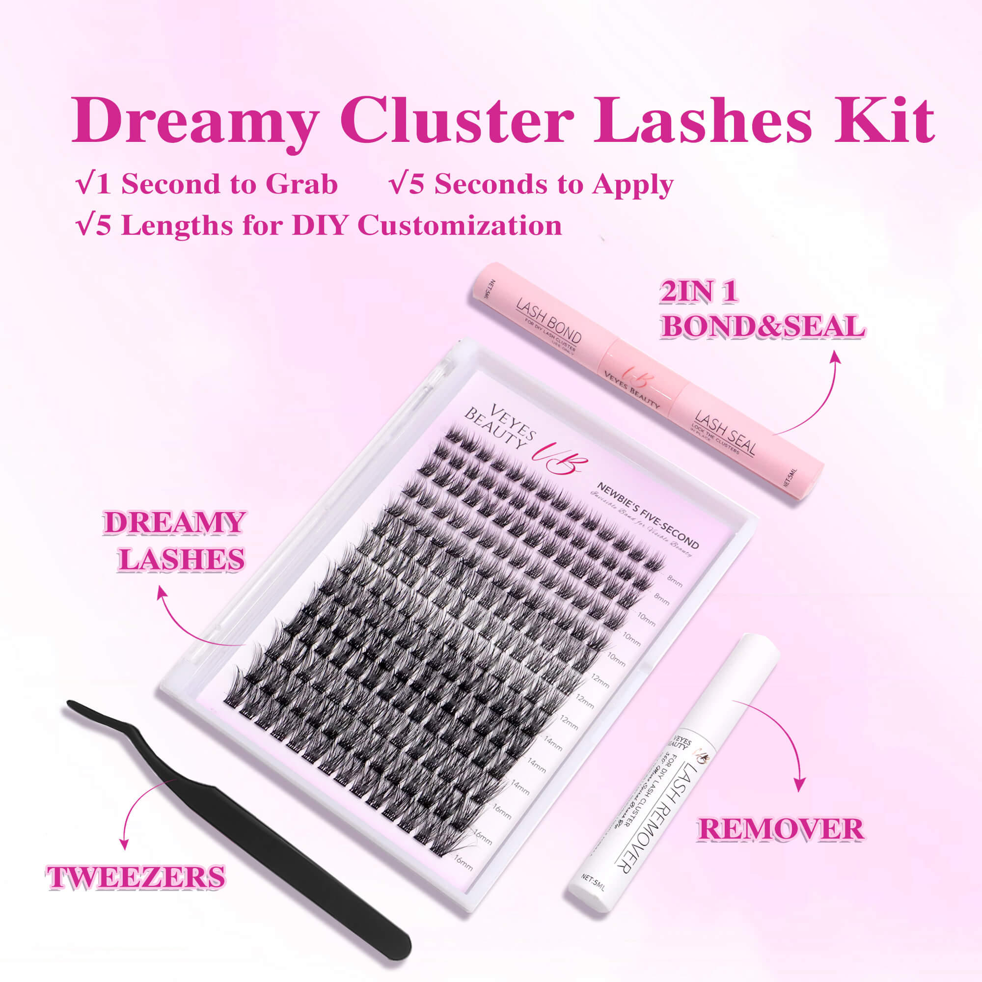 VEYESBEAUTY Dreamy Cluster Lashes Kit Eyelashes Makeup Individual Lash Extensions Volume Eyelash Wispy Faux Mink Lash Mixed Length Tray With Bond & Seal Tweezer Newbie's Five-Second DIY Dramatic Applicator at Home Eyelashes Extensions Cosmetic Makeup