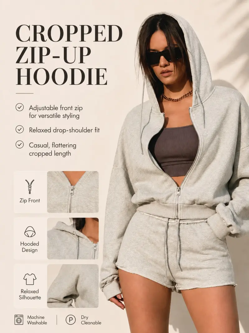 Women's Two-Piece Hooded Sweatshirt Set, Drawstring Zipper Long Sleeve Top, Elastic Waist Short Skirt Pants, Casual Fall Clothes