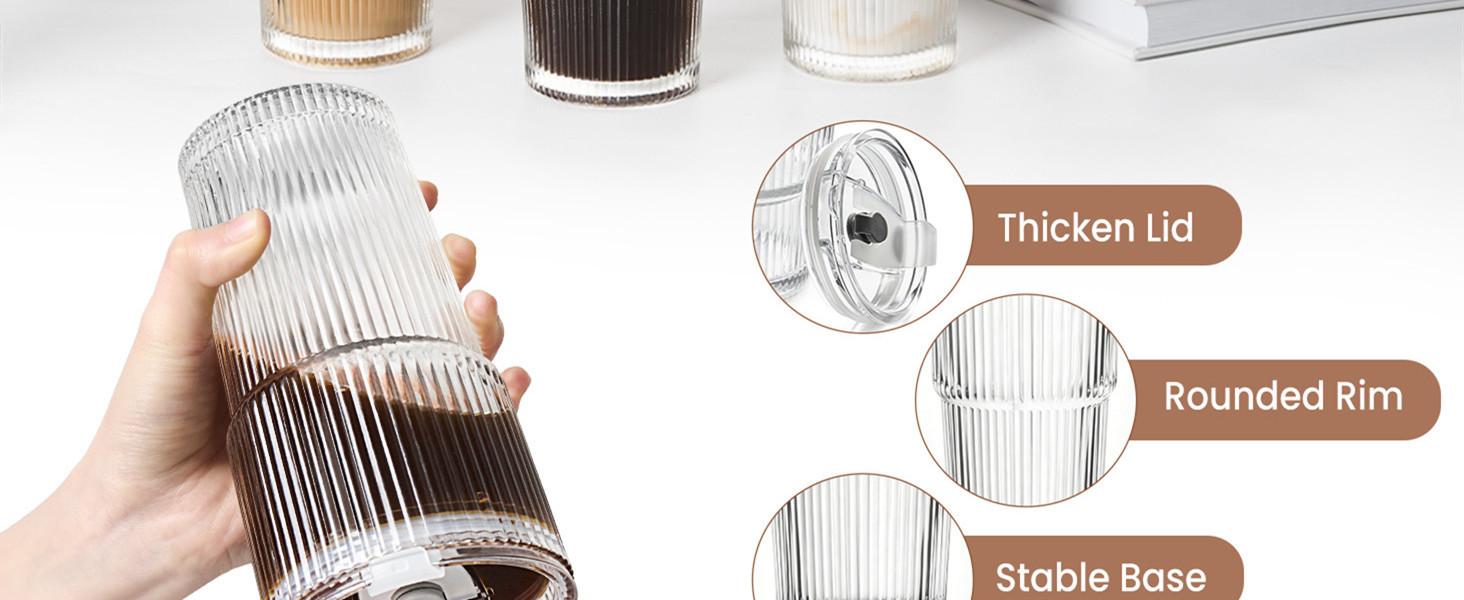20 Oz Ribbed Glass Tumblers with Lids and Straws - 4 Pack Reusable Glass Coffee Cups with Straws and Lids, Thicken Glass, Ideal for To Go Iced Coffee