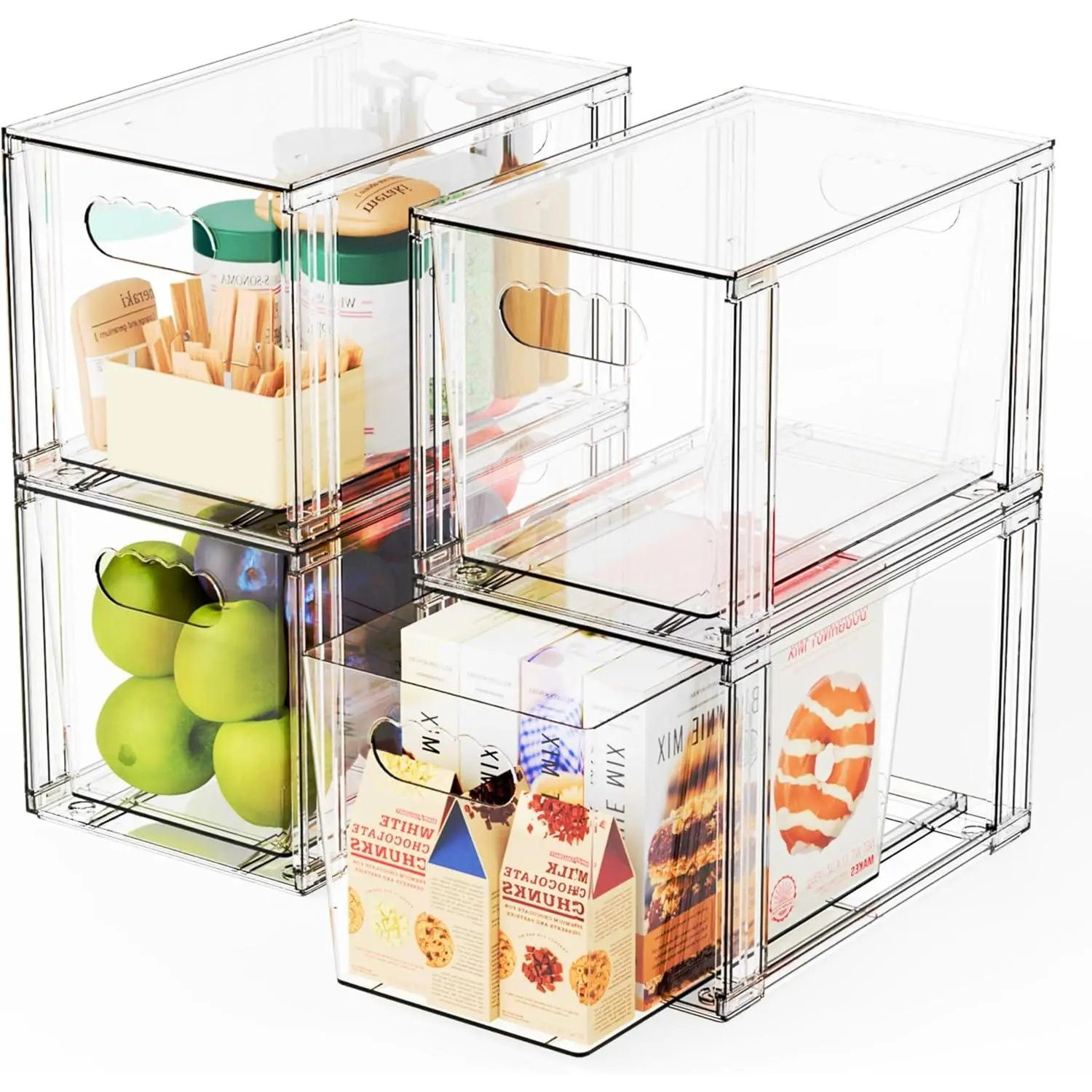 4 Pack Large Stackable Storage Drawers,Clear  Drawer Organizers and  Bottle Organizer for Countertop,Cabinet,Bathroom,Pantry,Office Closet Organizers and Brightroom Storage Bins