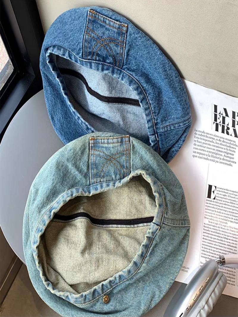 Women's Vintage Washed Denim Design Beret, Casual Outdoor Blue Hat for Women, Fashion Accessories for Daily Wear