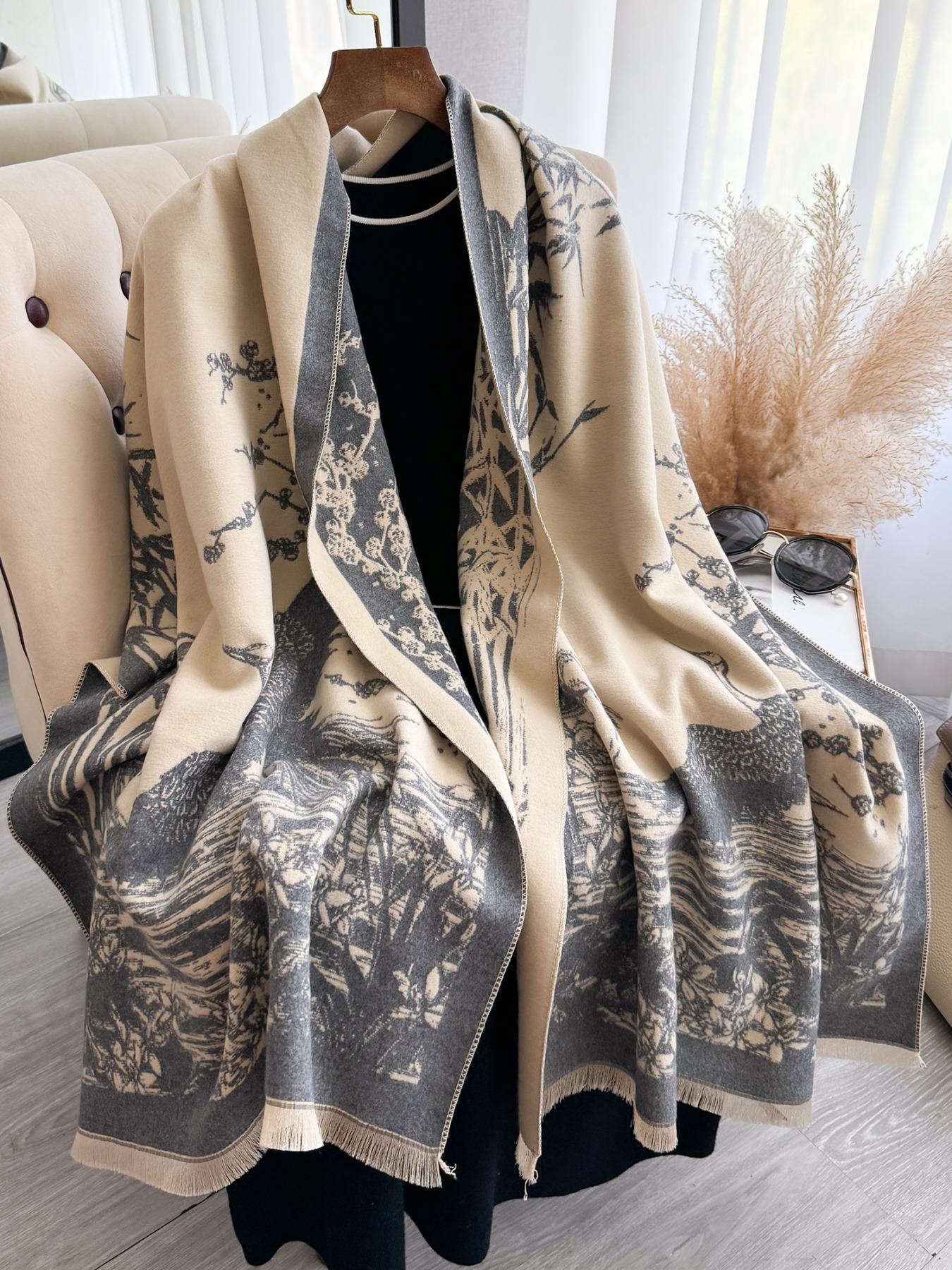 Women's Floral Pattern Raw Trim Shawl, Girlfriend Gifts, Imitation Cashmere Long Scarf, Casual Soft Warm Thick Double Sided Scarf for Fall & Winter, Fashion Accessories for Daily Wear