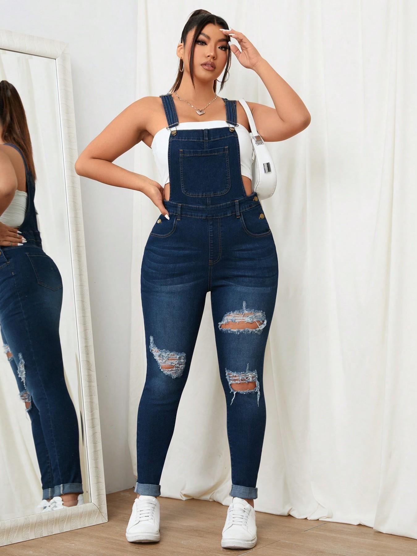 Women's Sweet Cool Denim Strap Jumpsuit, Boho Ripped Design Loose Fit Slimming Overall, Dark Color Casual Home Essential Bohemian Womenswear Women's Sweet Cool Denim Strap Jumpsuit, Boho Ripped Design Loose Fit Slimming Overall, Dark Color Casual Home Essential Bohemian Womenswear