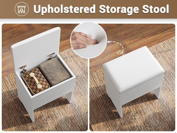 Sikaic Corner LED Makeup Vanity Desk With Storage Stool And Charging Station Mirror Drawers, Rotating Shelves