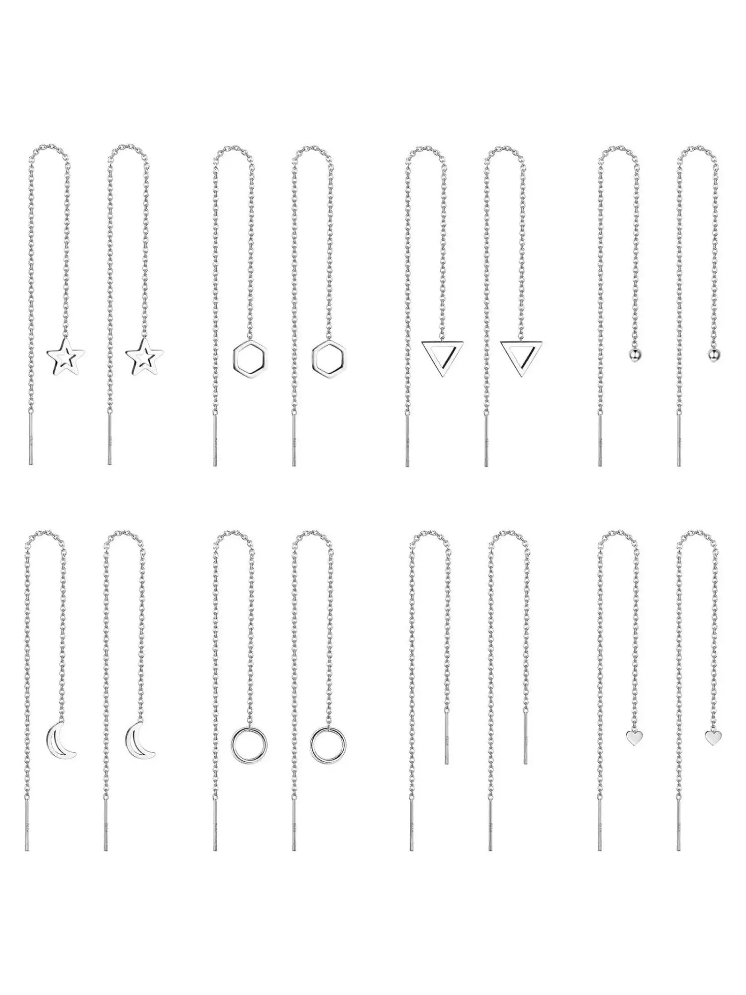 8 Pairs Minimal Threader Earrings Set Stainless Steel Pull Through Ear Threads for Women Hollow Geometric Styles Star Hexagon Triangle Tiny Bead Crescent Moon Circle Plain Chain Heart Pendant Slim Long Chain Design Minimalist Delicate Ear Thread Earrings