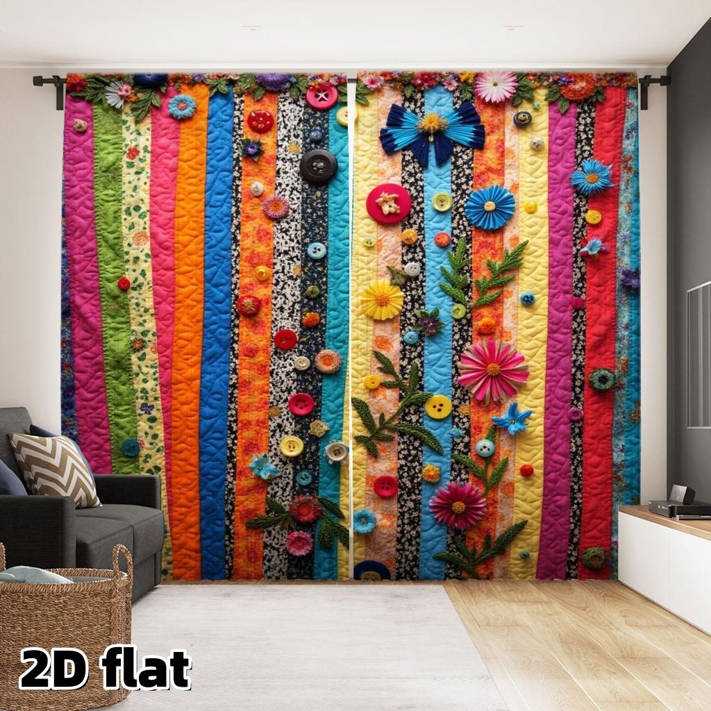 2D Flat 2Pcs Quilted Patchwork Curtains, Multicolored Stripe Design with Button Flower Decorations, Rod Pocket Style, Polyester Fabric, Boho Chic Home Decor, Semi Sunshade, Suitable for Living Room Bedroom Window, Handcrafted Bohemian.