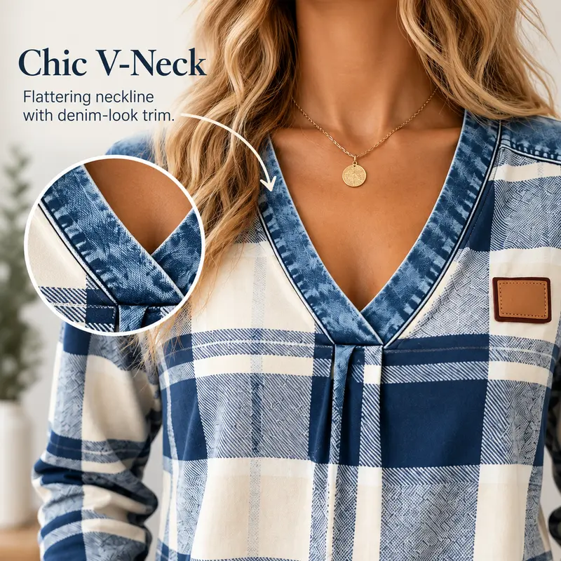 V-neckline and shoulder detail of the plaid top