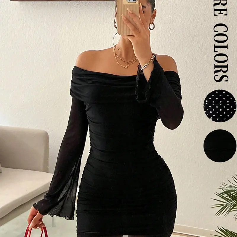 Women's Off-Shoulder Pleated Mesh Long Sleeve Mini Dress, Elegant Knee-Length Slim-Fit Dress, Perfect for Parties and Dates