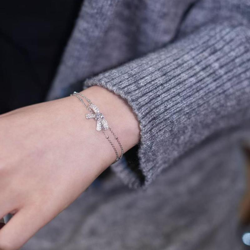 【#408 Oh-so-sweet】Charming Bow Tie Earstud,Dangling Huggie,Bracelet Synthetic Moissanite Jewelry in 925 Sterling Silver Gift for her Birthday Mother's Day