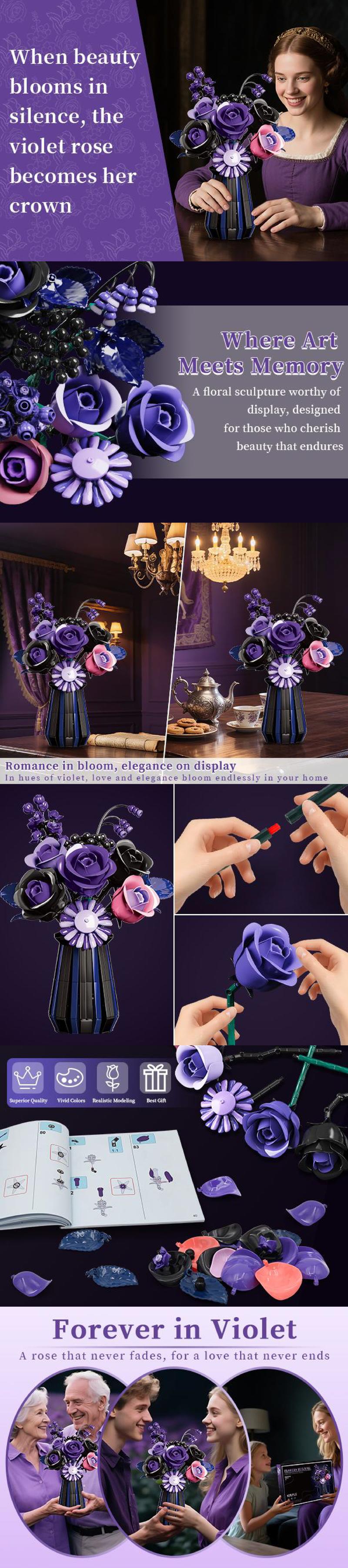 Purple Roses Building Blocks Kit for Adults & Teens – DIY Flower Bouquet Building Set,Valentine's Day gifts Artificial Flowers Gift for Women, Gothic Home Decor for Valentine’s Day & Halloween，vdaygift