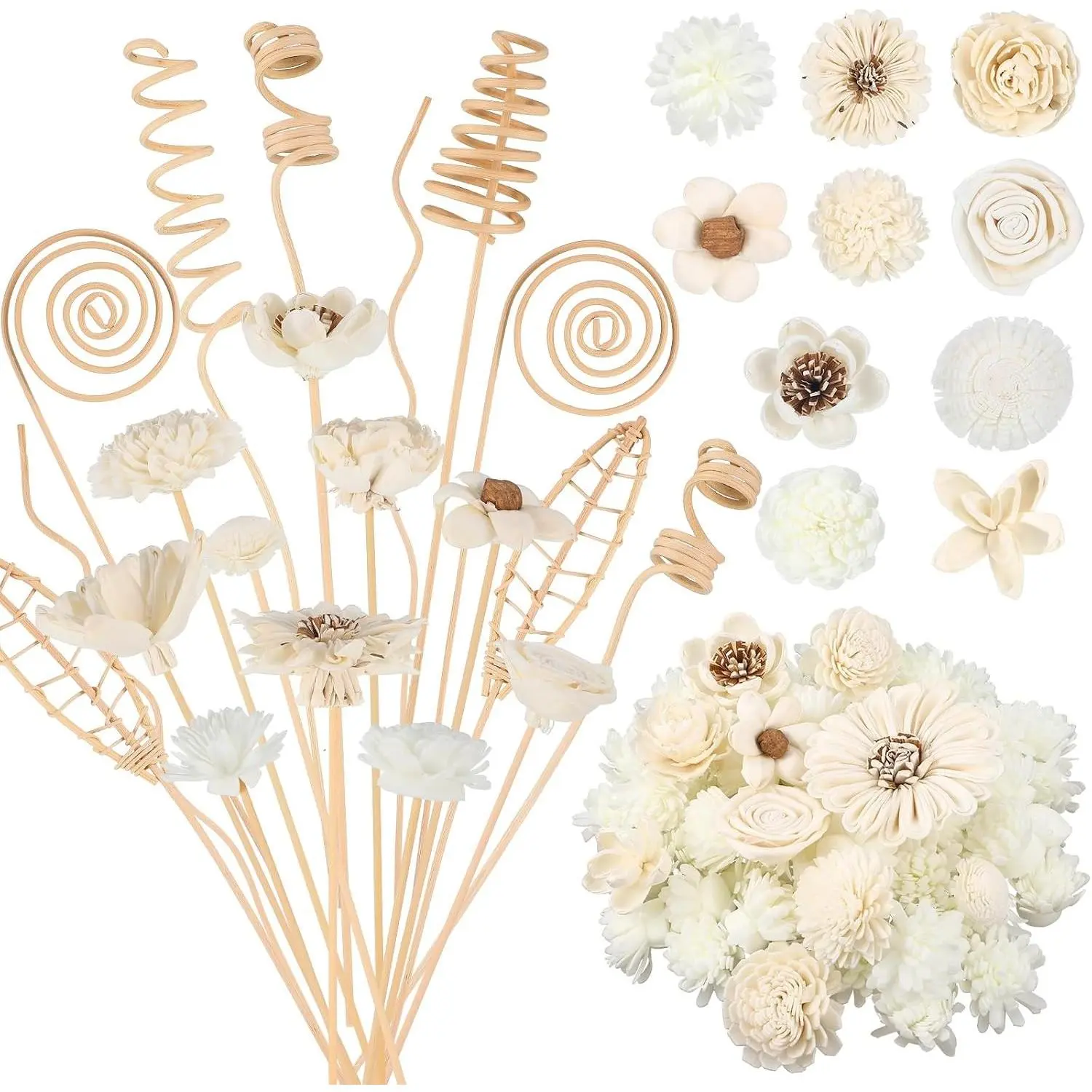 200-Piece Scented Reed Diffuser Sticks Set - 10-Style Natural Rattan Flower Shapes (100 Pcs), 7-Style Mixed Aroma Oil Freshener Replacements for Home Fragrance