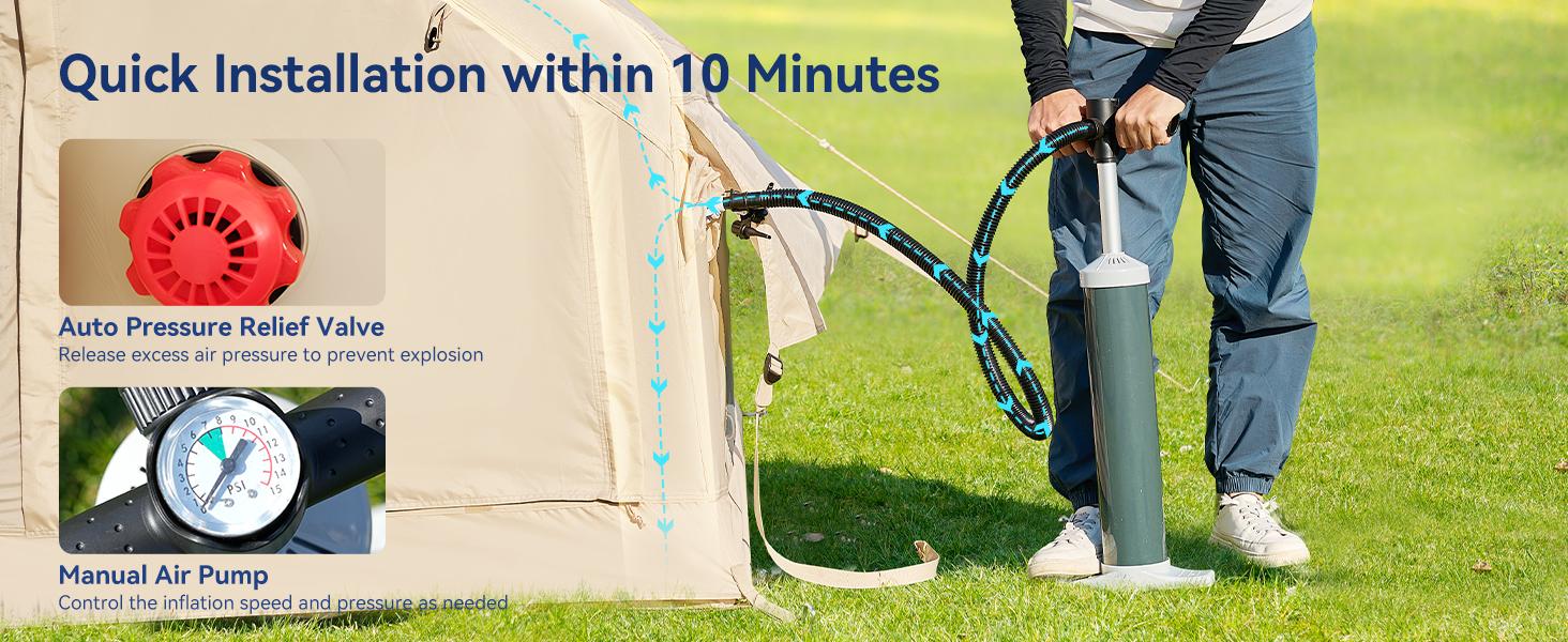 Lilypelle Inflatable Tents for Camping, Blow Up Tent with Hand Pump, Easy Setup Inflatable Hot Tent with Stove Jack, Waterproof Oxford Air Glamping Tents for Camping Adult 4-6 Person