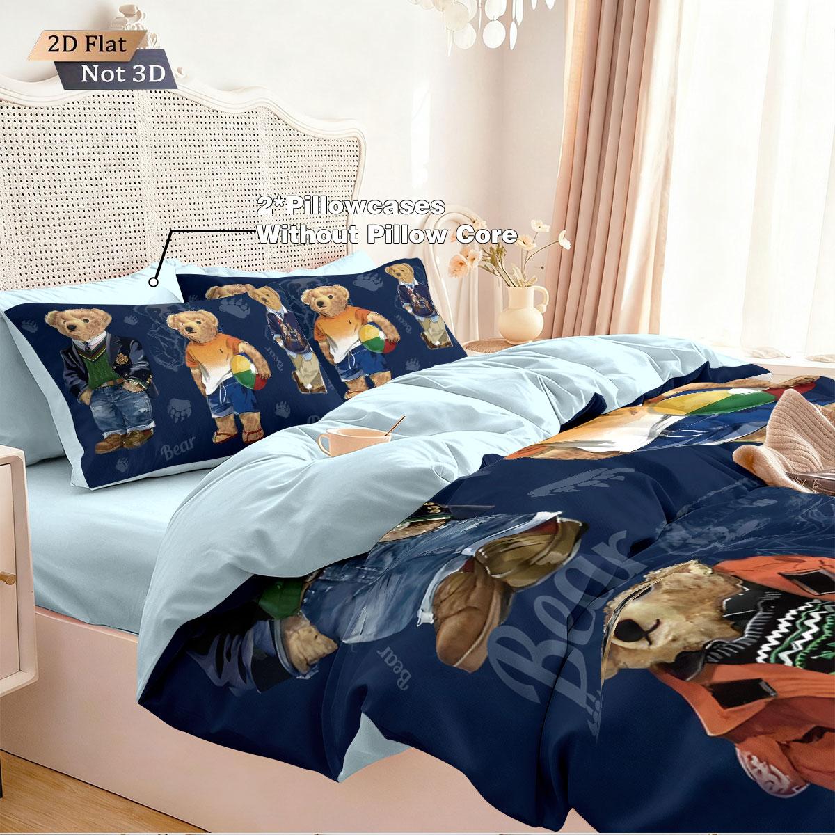 3pcs COOL BEAR Print Soft Bedding Set with Includes 1* Duvet Cover and 2*Pillowcases, No filling，Perfect for Patriotic Bedding Gift, Home Decor, Bedroom Accessories