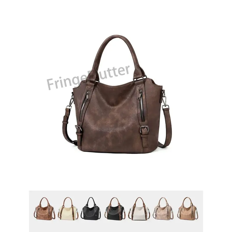 Women's 2026 Vintage Large Capacity PU Tote - Double-Sided Zipper Decor, Lazy Casual Versatile Satchel, Durable Shoulder Bags, Fashion Bag, Handbag Shoulder Purse, Everyday Purse, Gym Accessory for Daily Outings