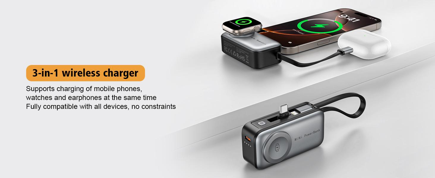 Portable Wireless Charger, 5000mAh Rechargeable Power Bank for Apple Watch Series 3–10, SE & Ultra, USB-C Input & Output Fast Charging Battery Pack, Compatible with iPhone 16/15 & Galaxy, Smartwatch Accessories #GLOBAL PICKS